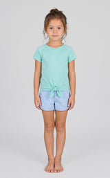 Toddler girls' two-piece set with a short-sleeve aqua tee tied at the waist and light blue running shorts with an elastic.