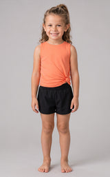 Girls sleeveless bright orange twist-front tank paired with black shorts, soft stretchy fabric.
