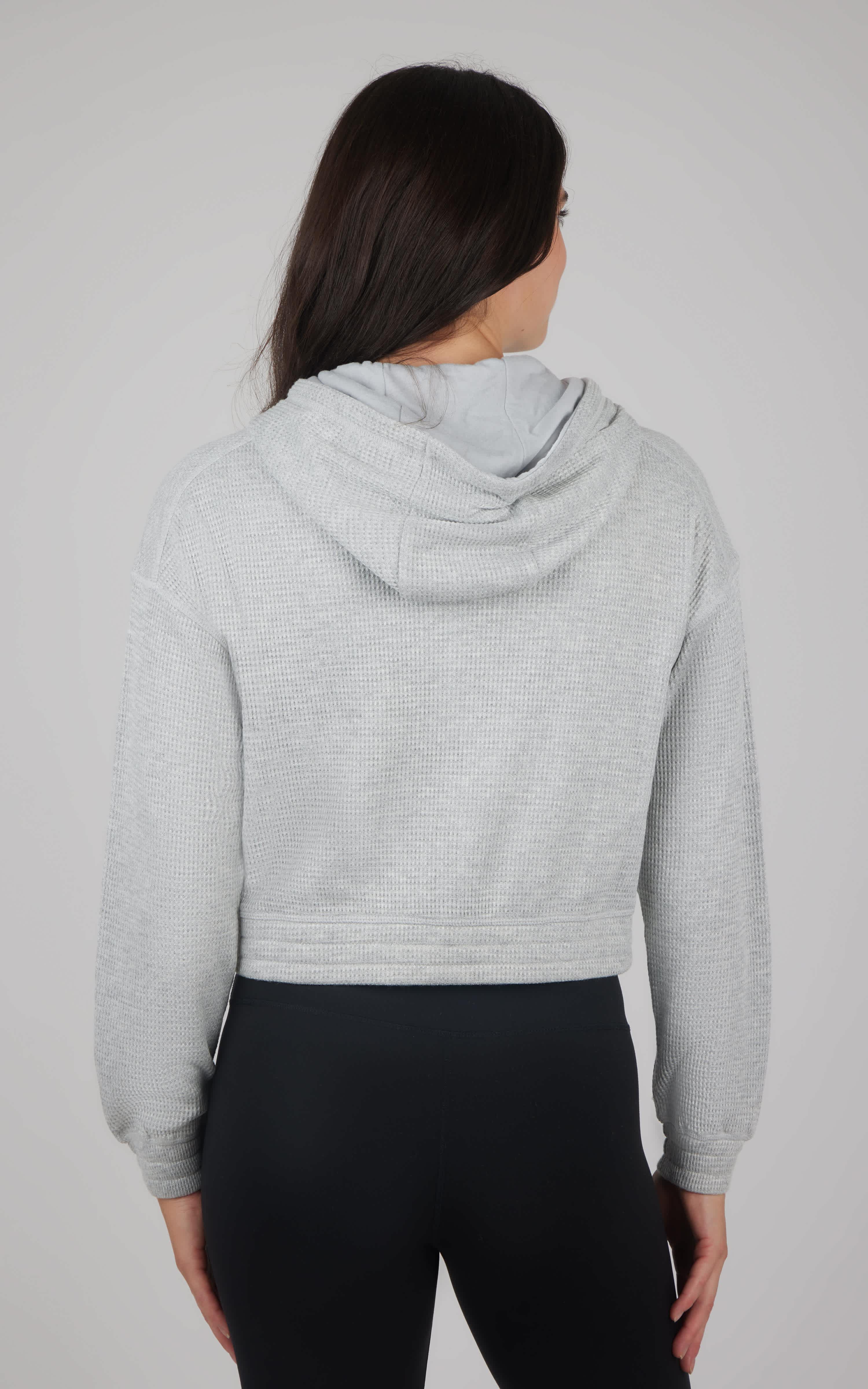 Heather grey brushed inside hooded jacket with long sleeves and relaxed fit, shown from back.