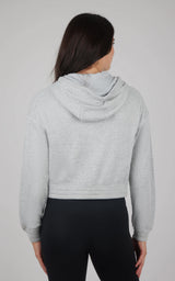 Heather grey brushed inside hooded jacket with long sleeves and relaxed fit, shown from back.