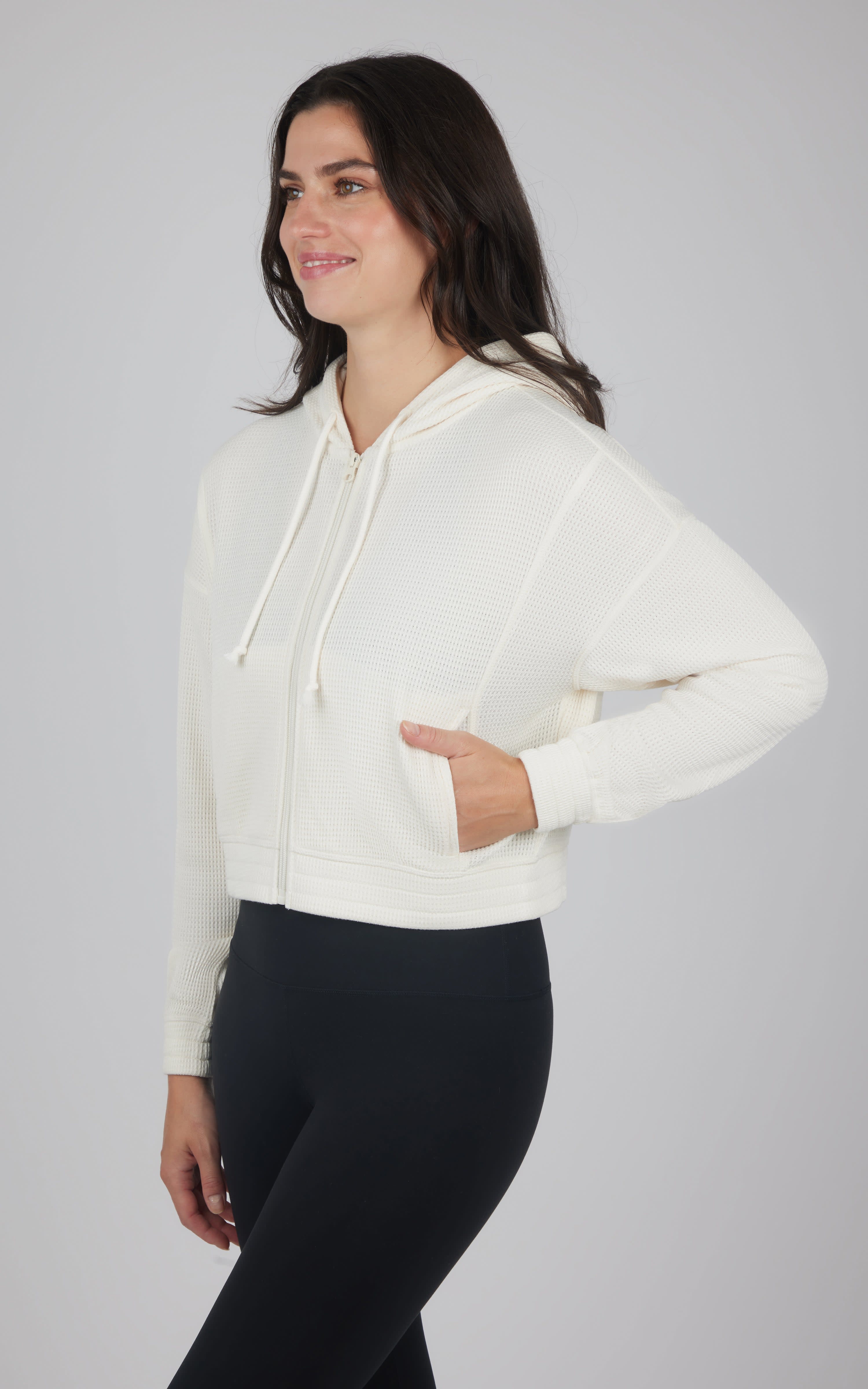 Heather grey brushed inside hoodie jacket with front pocket and drawstring hood.