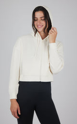 Women's cropped nacreous cloud hooded jacket with front pockets and drawstring hood.