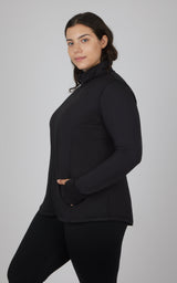 Plus size black full zip active jacket with stand collar and side pockets.
