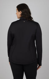 Plus size black full zip jacket with long sleeves, fitted at hips, back view.