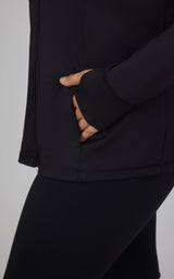Black plus-size full zip jacket with thumb hole cuff on sleeve and side pocket detail.
