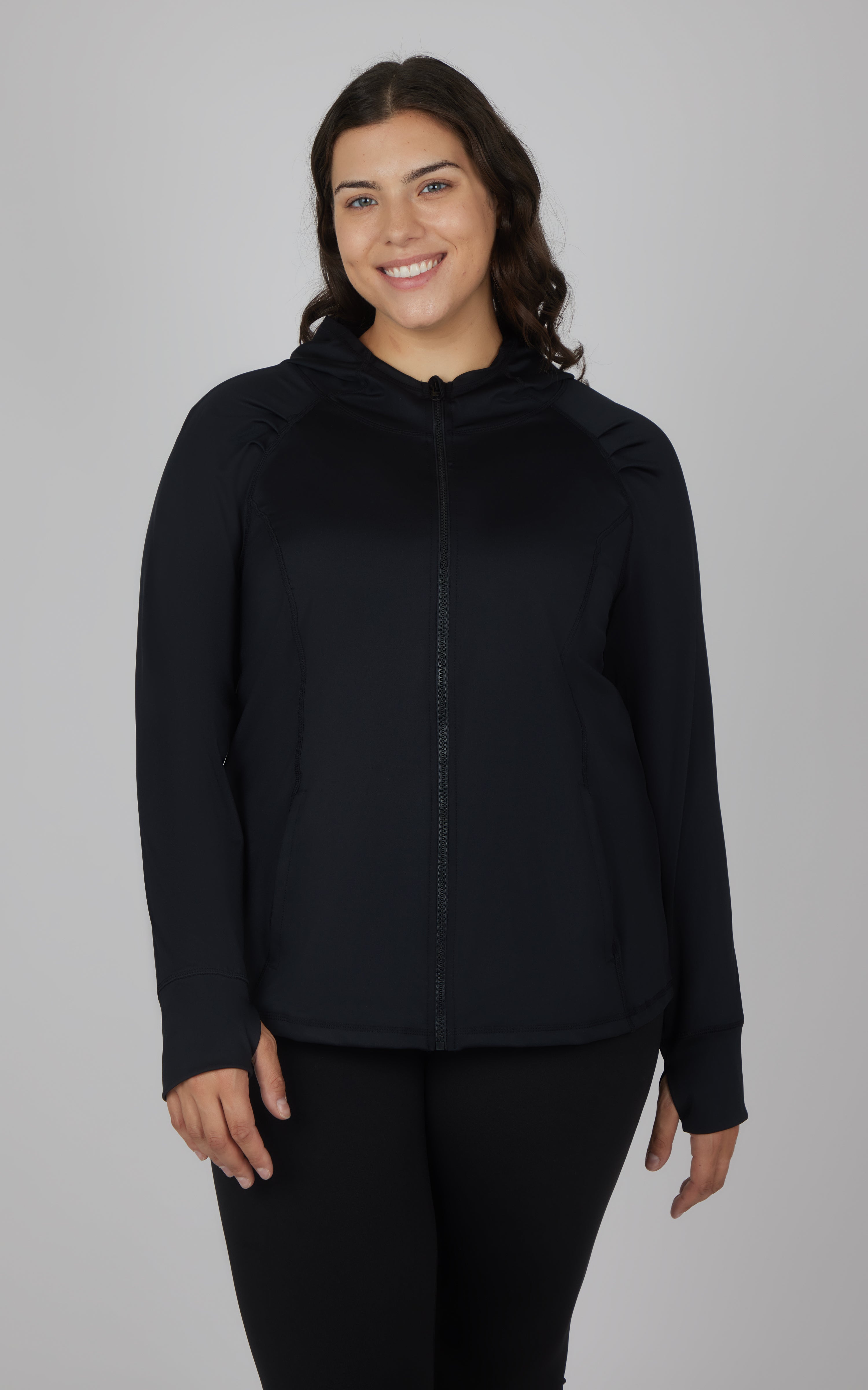 Black plus size slim fitted full zip hooded jacket with long sleeves and front pockets.