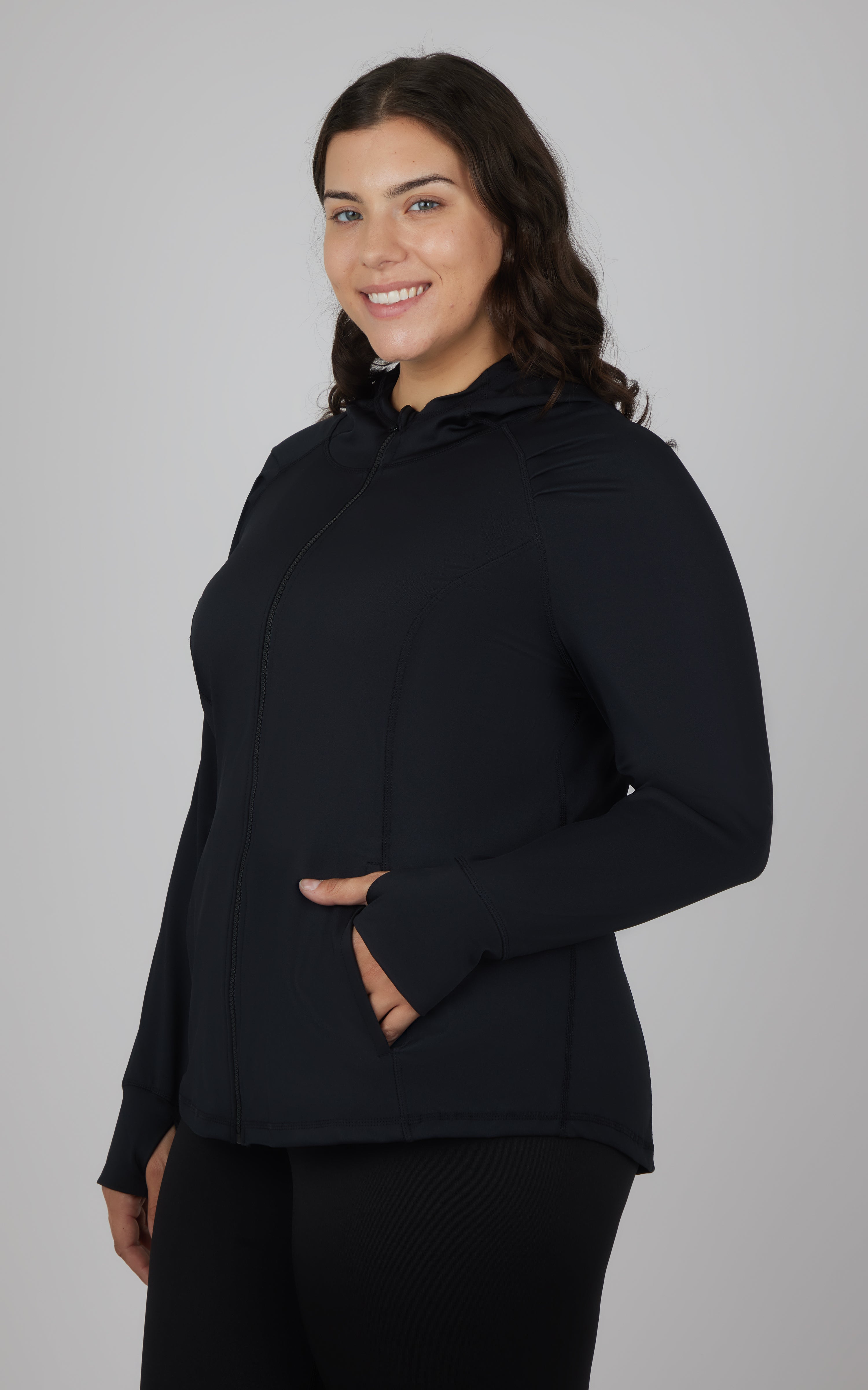 Plus size black slim fitted full zip hooded jacket with long sleeves and front pockets.