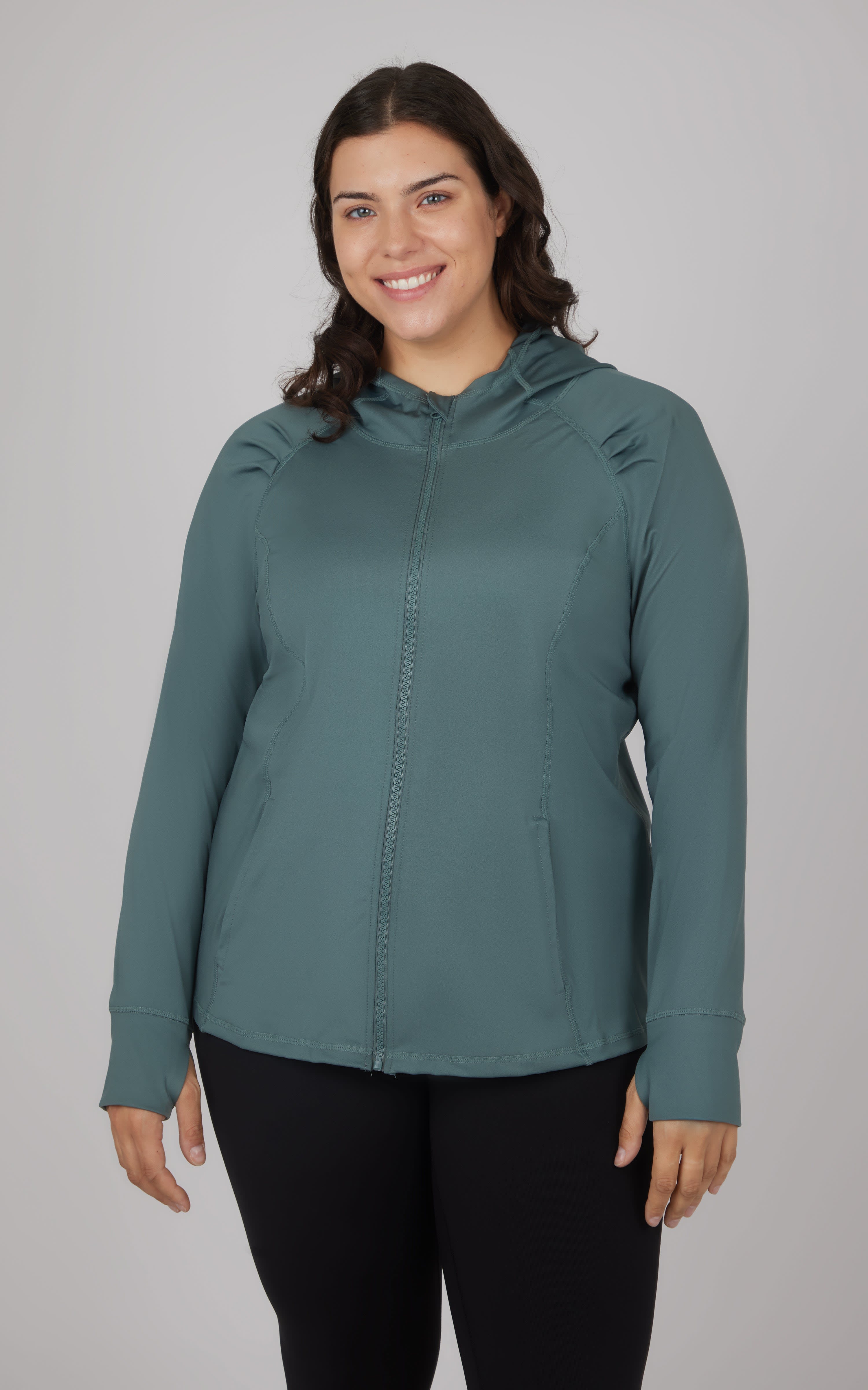 Plus-size slim fitted full zip hooded jacket in sage with long sleeves and a smooth finish.