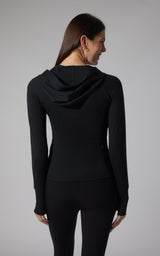 Black ribbed full zip hoodie jacket with fitted silhouette and thumbholes on sleeves.