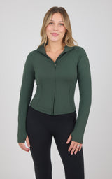 Deep forest green full zip raglan jacket with fitted silhouette and thumbhole cuffs.