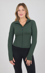 Dark green full-zip raglan jacket with a fitted shape, high collar, and long thumbhole cuffs.