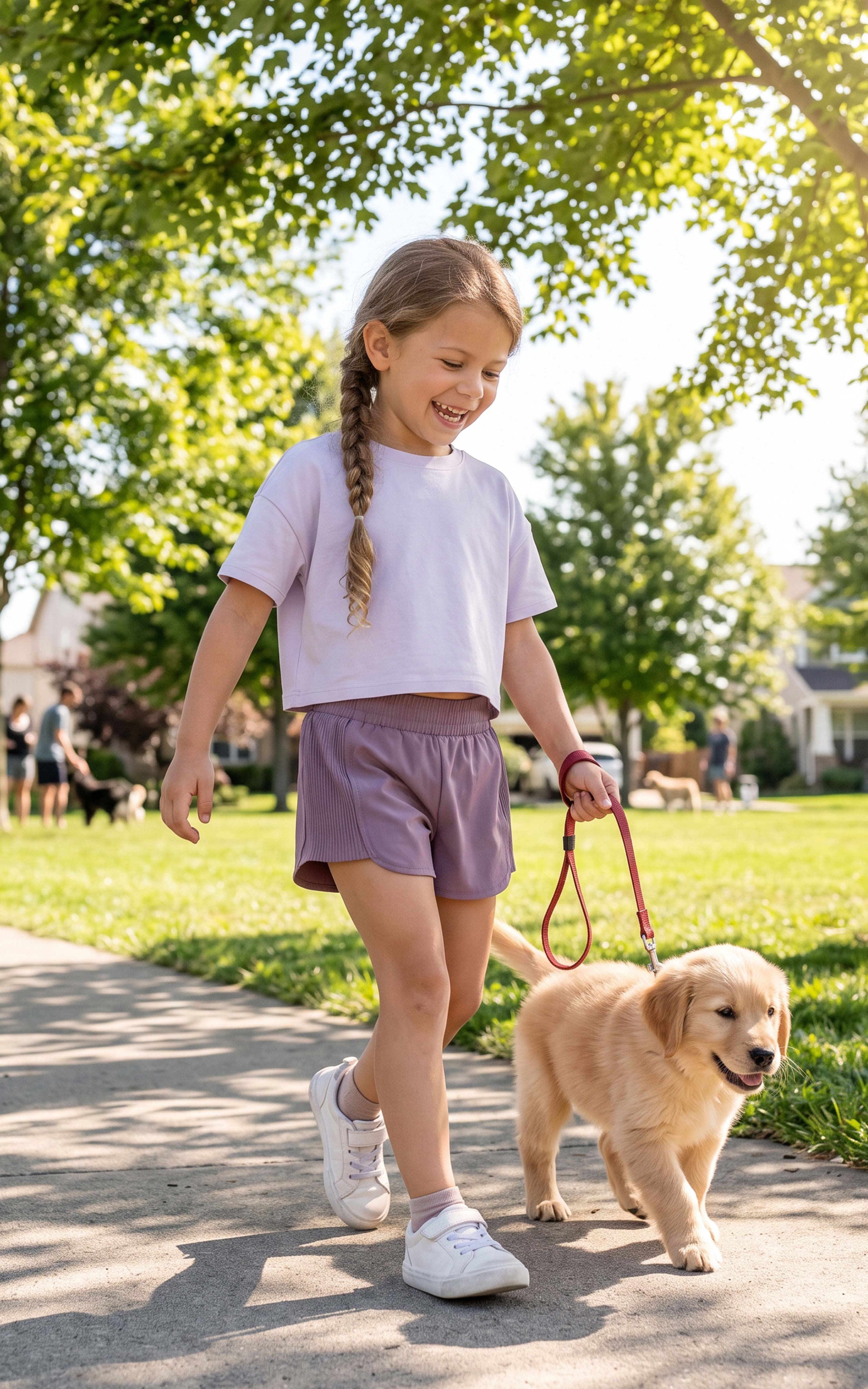 Girl in a lavender T-shirt and mauve athletic shorts walks a small golden dog on a sunny park path.