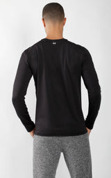 Men's black crew neck long sleeve shirt with a slim fit shown from the back.