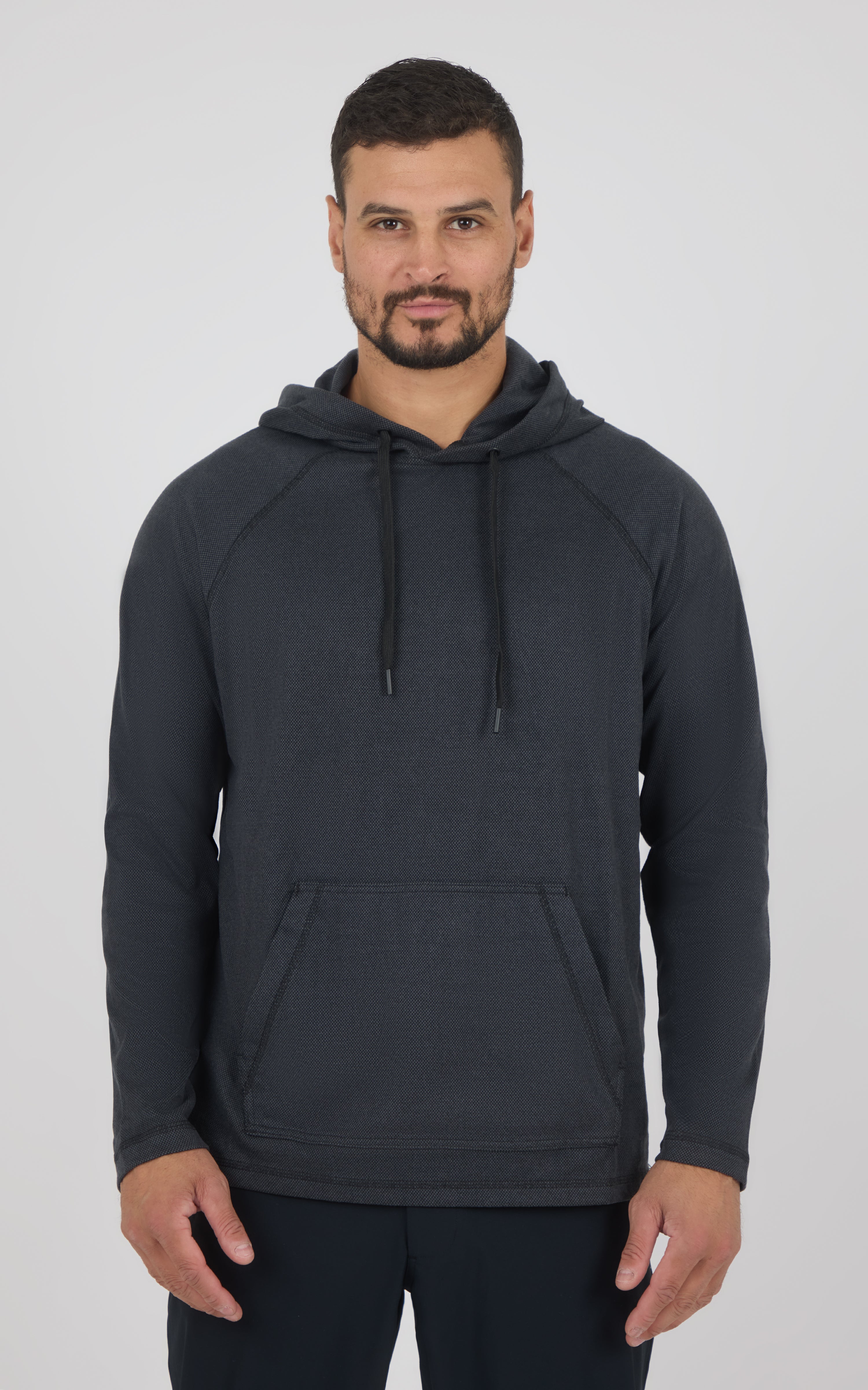 Men's dark gray soft lightweight hoodie with front kangaroo pocket and adjustable drawstring hood, fitted sleeves and.