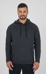 Men's dark gray soft lightweight hoodie with front kangaroo pocket and adjustable drawstring hood, fitted sleeves and.