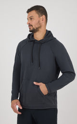 Men’s dark gray soft fabric hoodie with adjustable drawstring hood and kangaroo pocket, worn by model facing left.