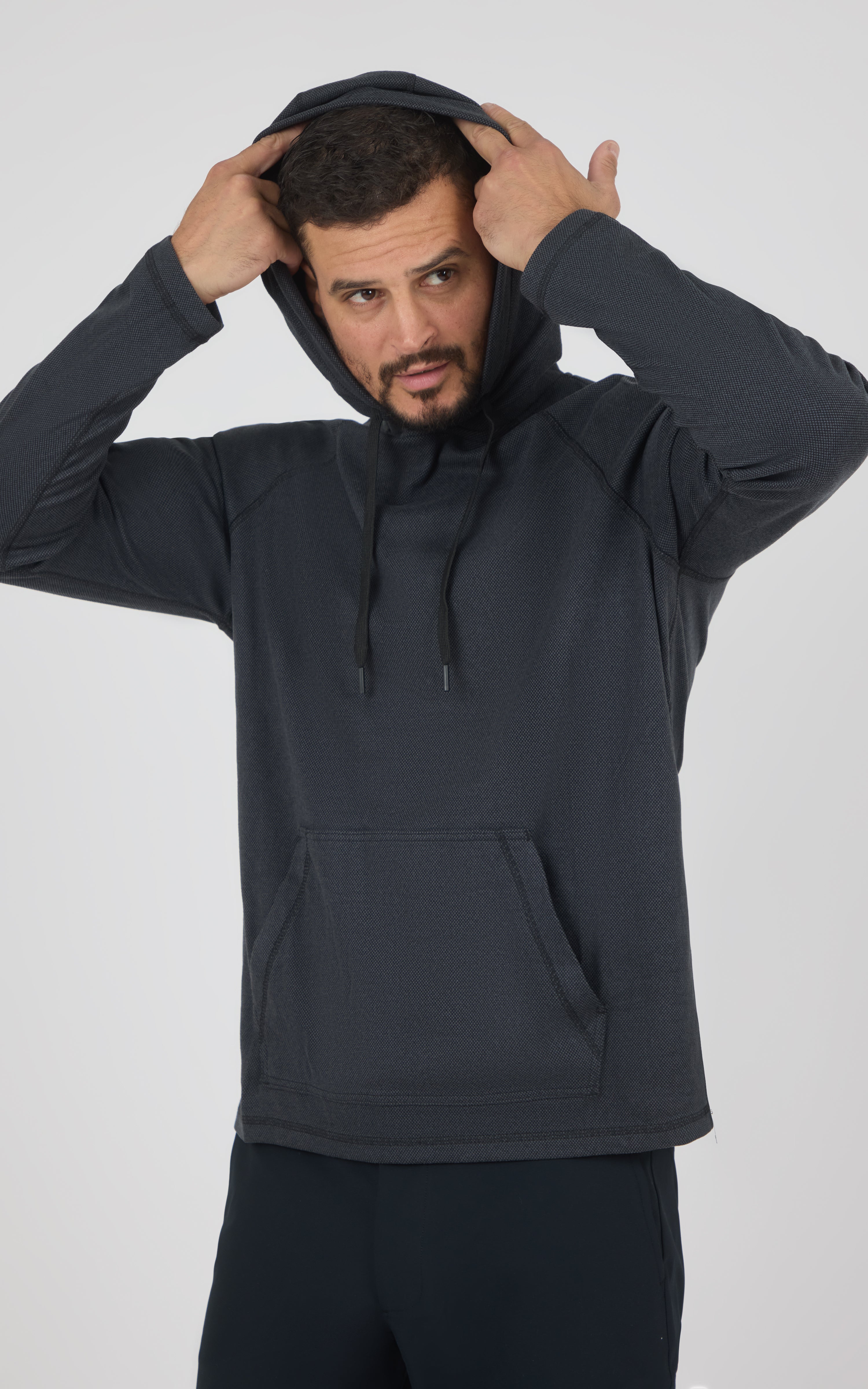 Dark gray men's hoodie with adjustable hood, kangaroo pocket, and ribbed cuffs and hem.