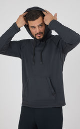 Dark gray men's hoodie with adjustable hood, kangaroo pocket, and ribbed cuffs and hem.