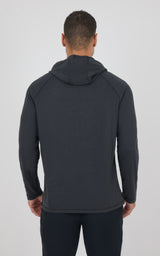 Men’s dark gray hoodie with a fitted silhouette, long sleeves, and an attached hood, shown from the back.