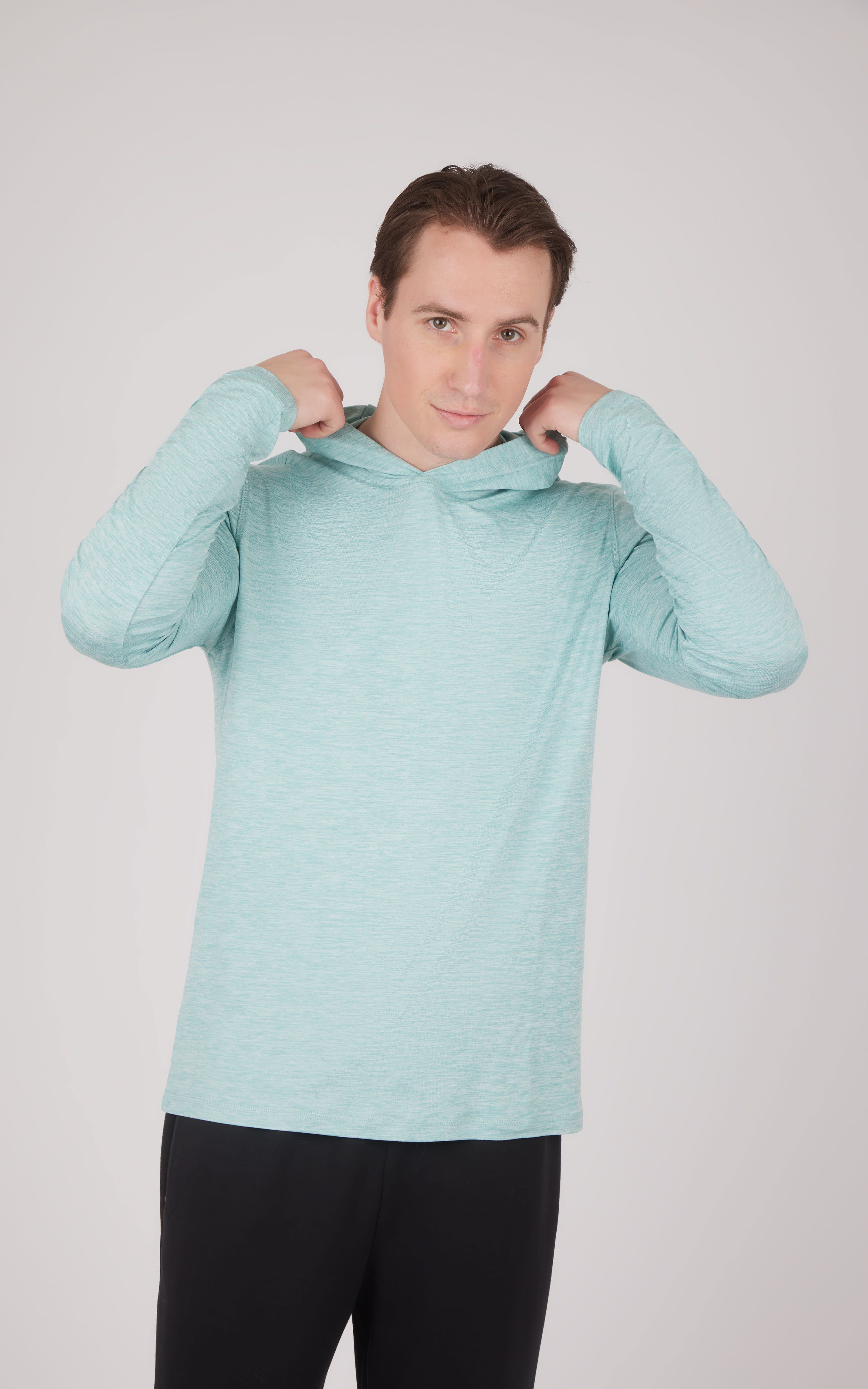 Men's light aquifer heather long sleeve hooded shirt with relaxed fit and subtle texture.