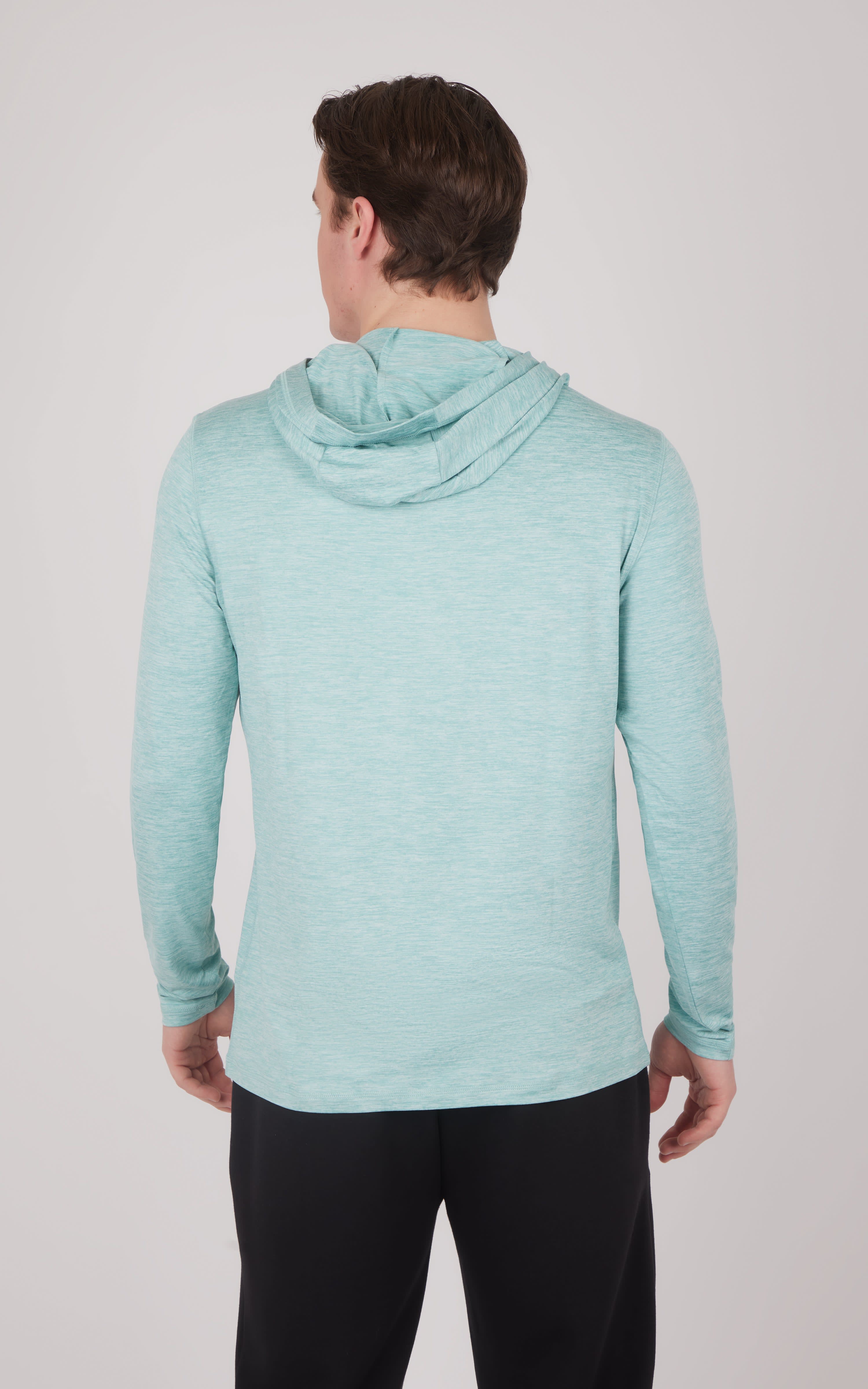 Men’s long sleeve hooded shirt in heather aquifer with a slim fit and textured fabric.