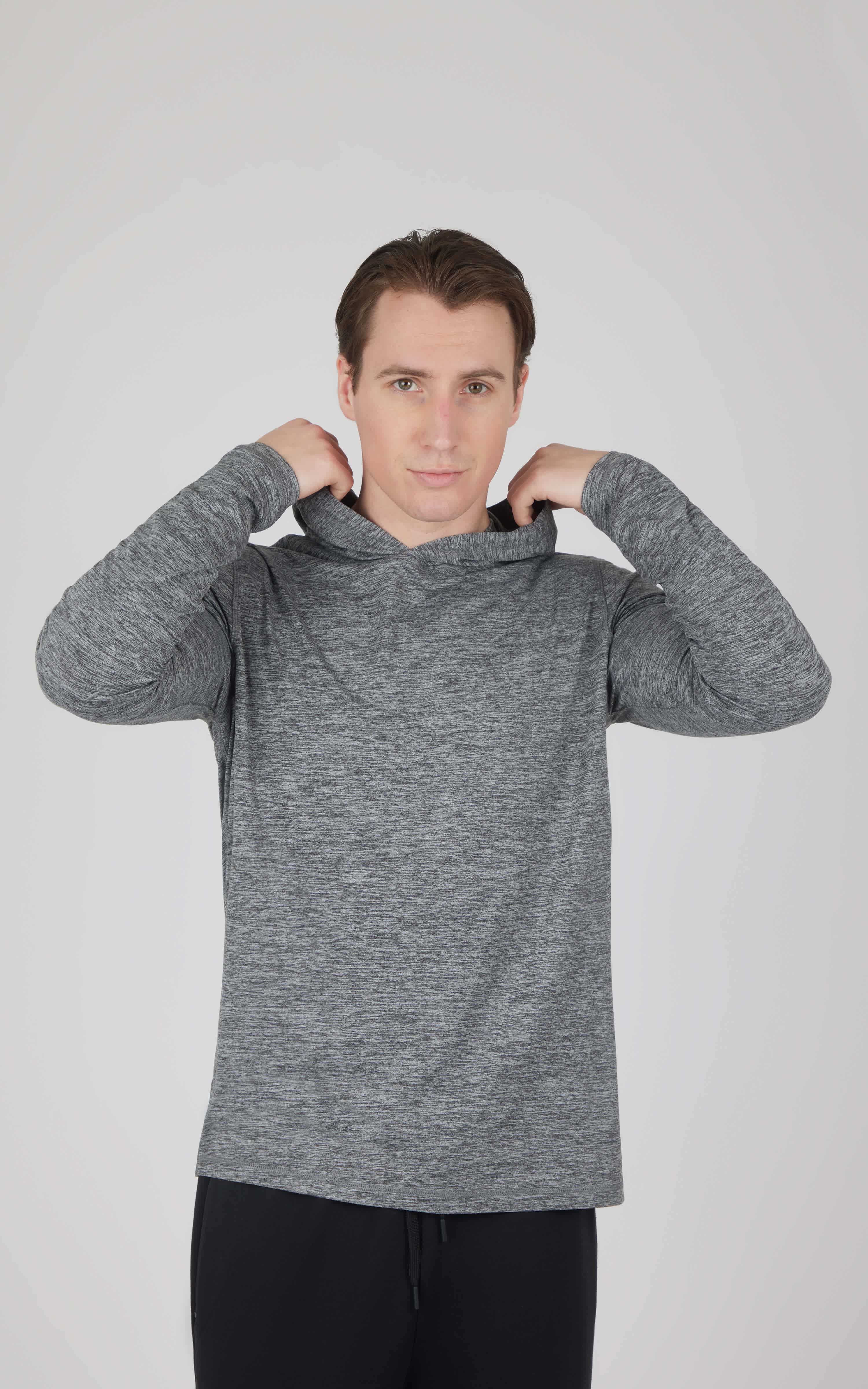 Men's long sleeve hooded shirt in heather gray with a textured knit and relaxed fit.