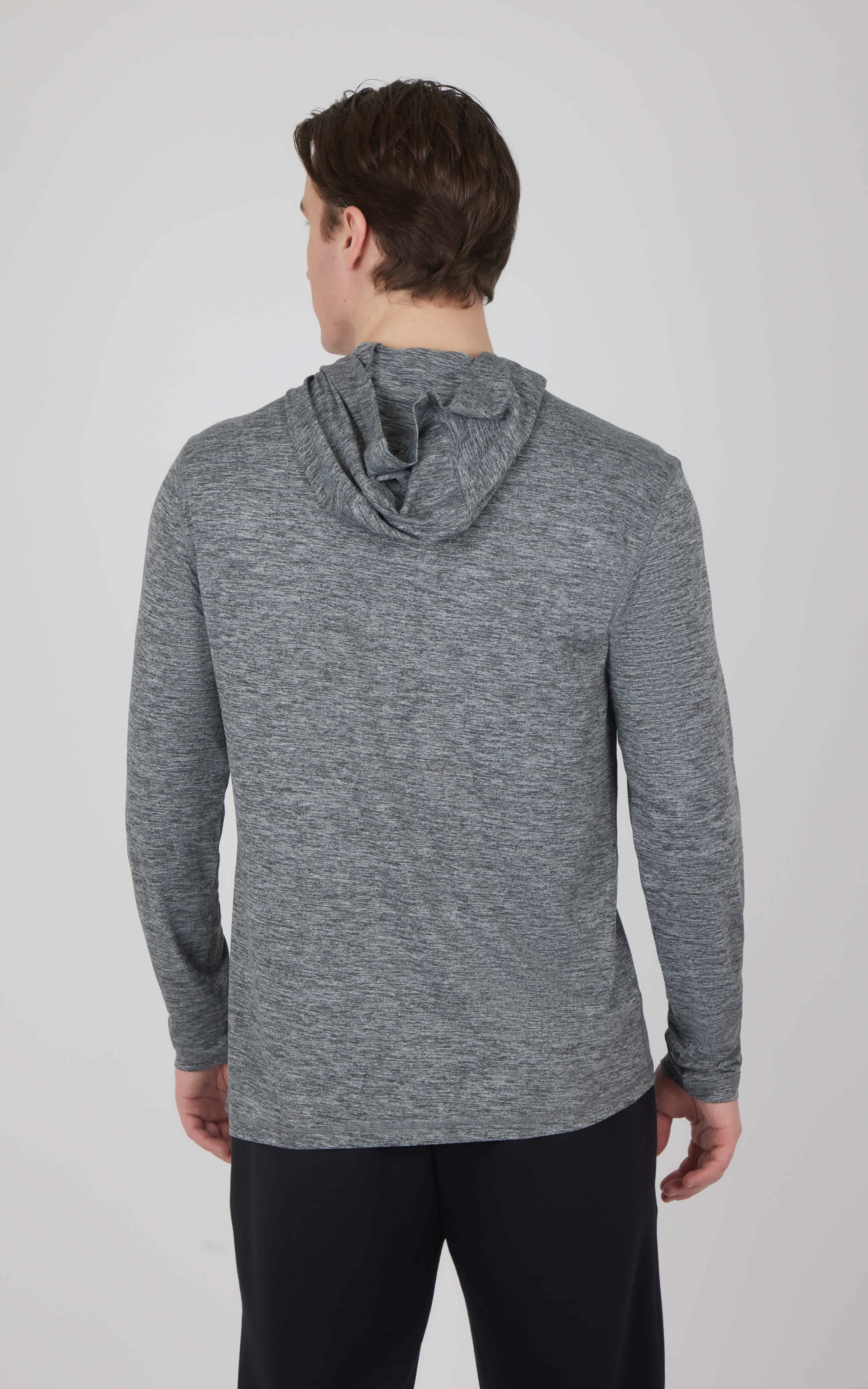 Men's long sleeve hooded shirt in heather aquifer gray with a slim fit and soft fabric.