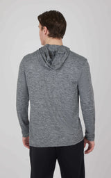 Men's long sleeve hooded shirt in heather aquifer gray with a slim fit and soft fabric.