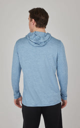 Men's long sleeve hooded shirt in heather aquifer blue with slim fit and soft fabric.