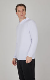 Mens white cationic long sleeve hooded shirt with regular fit and textured fabric.