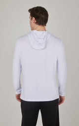 Men's long sleeve hooded shirt in light heather aquifer, slim fit with soft fabric.