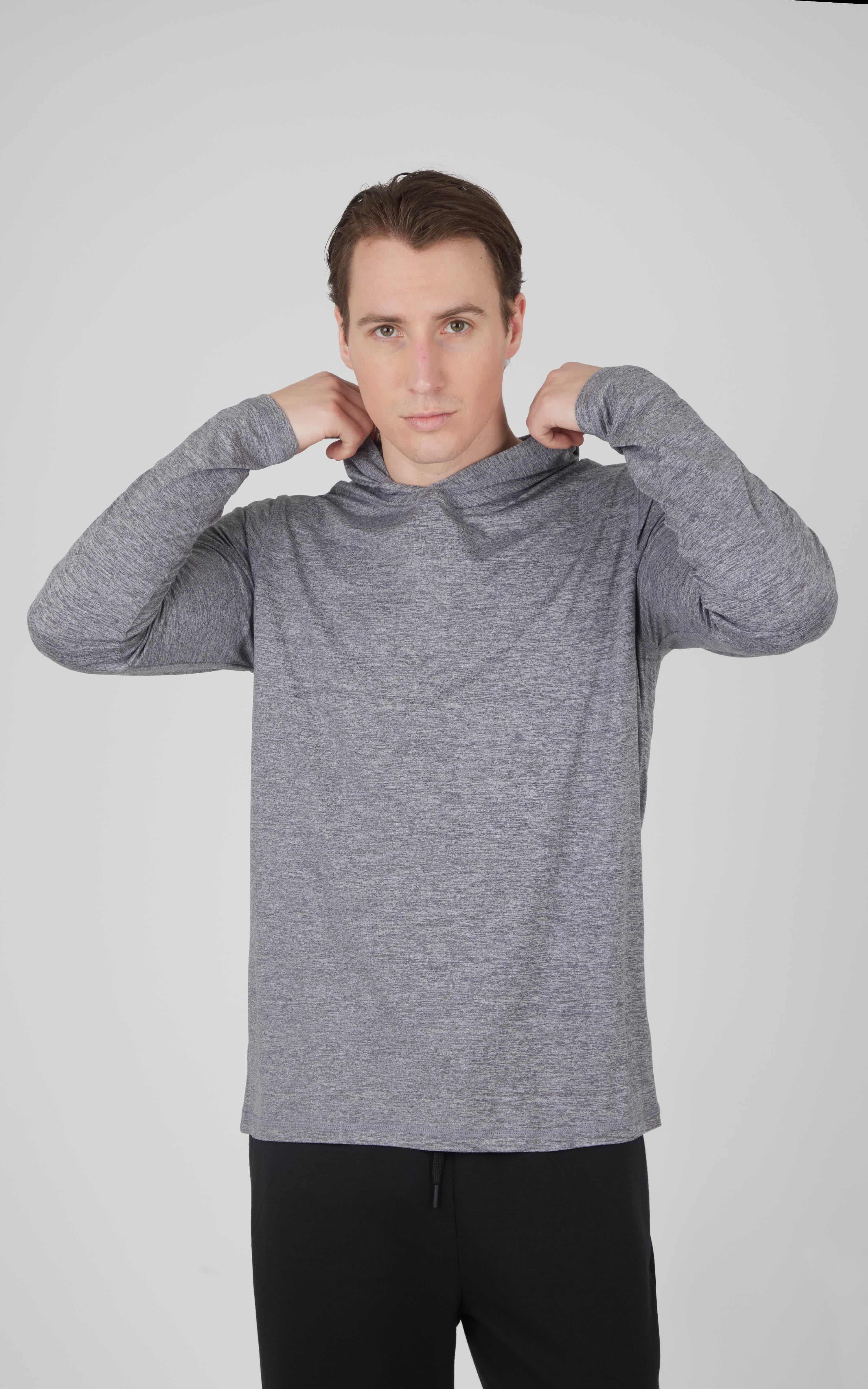 Men's heather gray long sleeve hooded shirt with a relaxed fit and subtle texture.