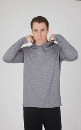 Men's heather gray long sleeve hooded shirt with a relaxed fit and subtle texture.