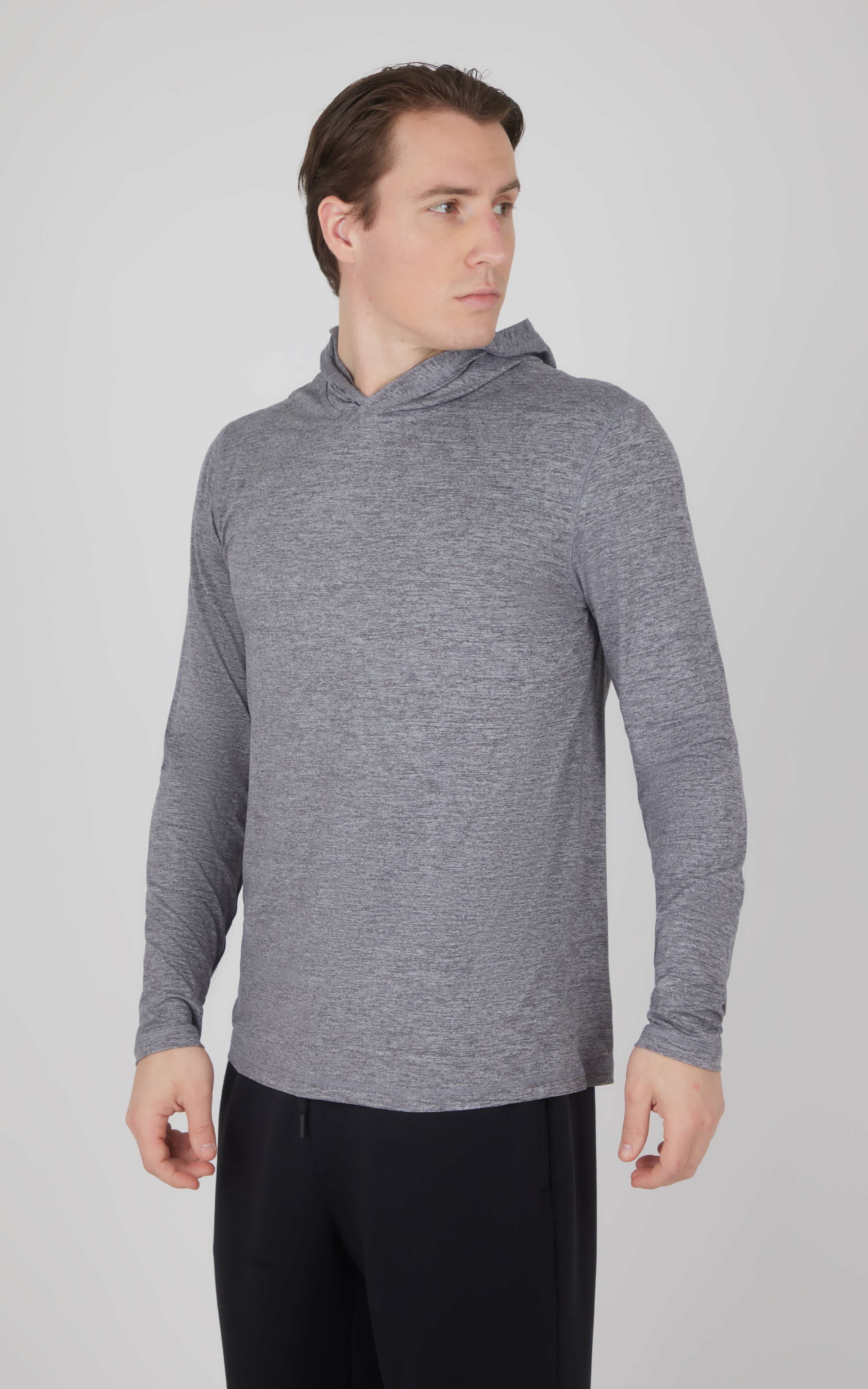Men's long sleeve hooded shirt in heather gray with a slim fit and soft texture.