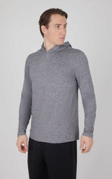 Men's long sleeve hooded shirt in heather gray with a slim fit and soft texture.