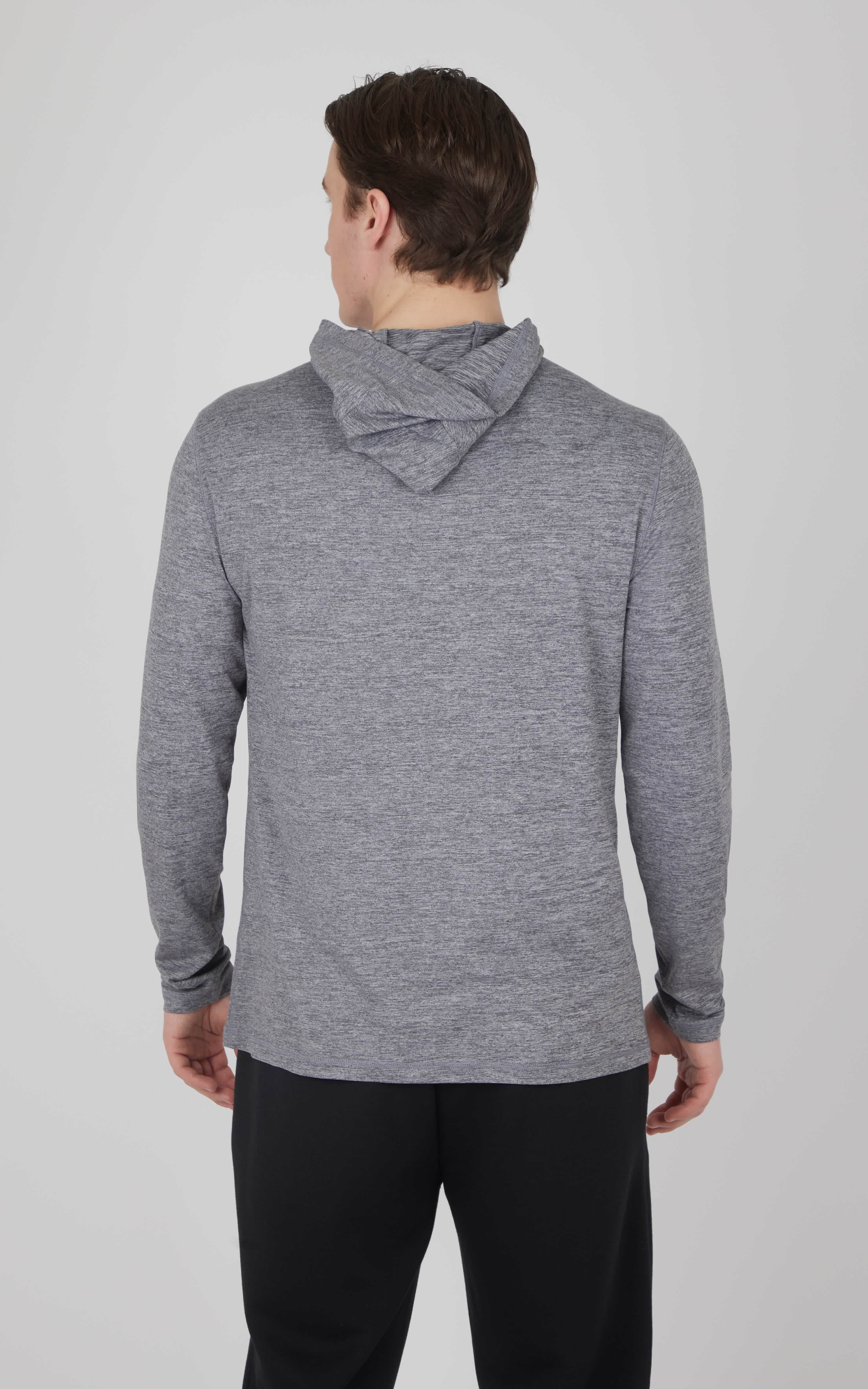 Men's long sleeve hooded shirt in heather aquifer gray with a relaxed fit and soft fabric.