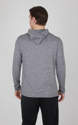 Men's long sleeve hooded shirt in heather aquifer gray with a relaxed fit and soft fabric.