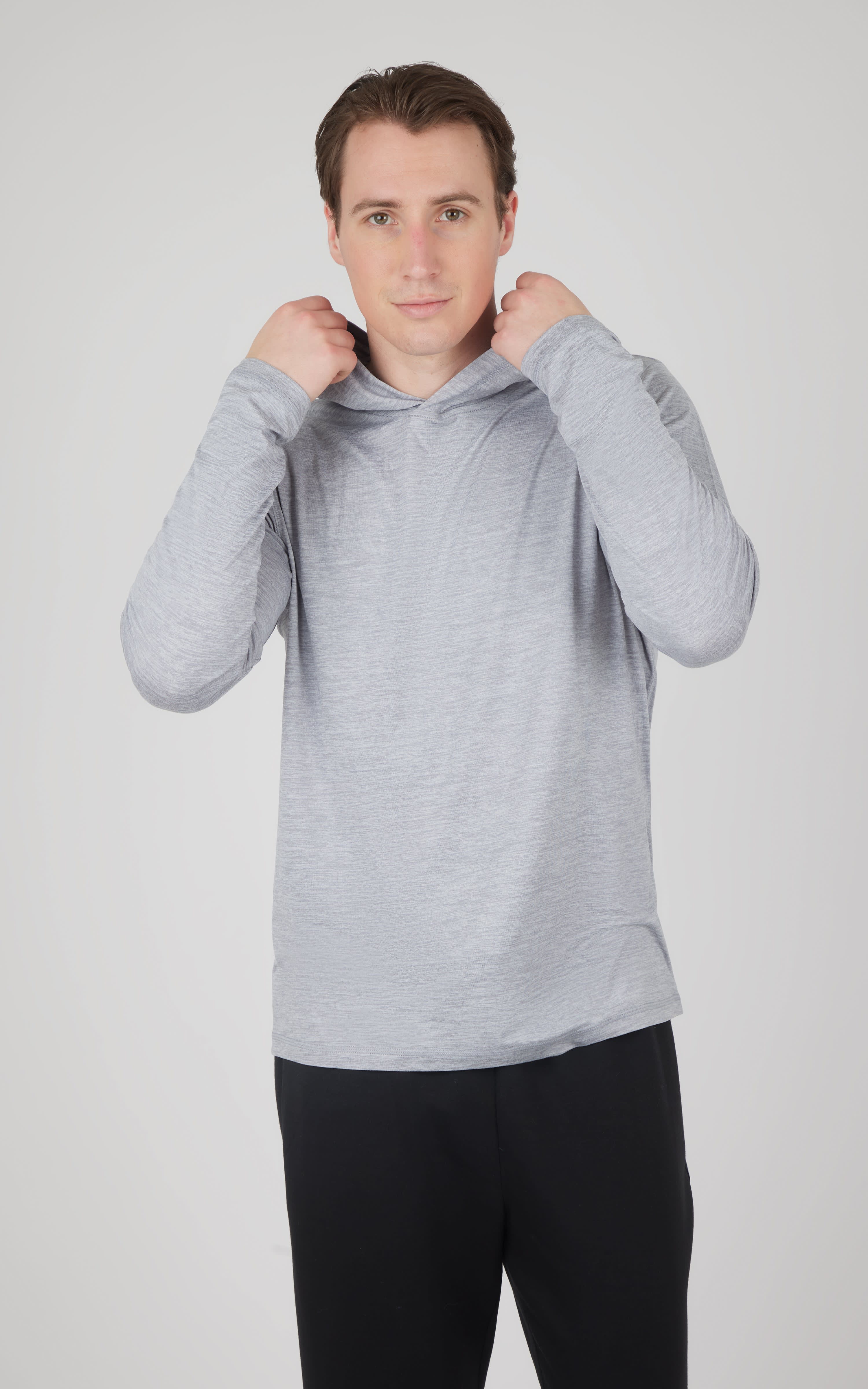 Men's light gray cationic long sleeve hooded shirt with a regular fit and front kangaroo pocket.