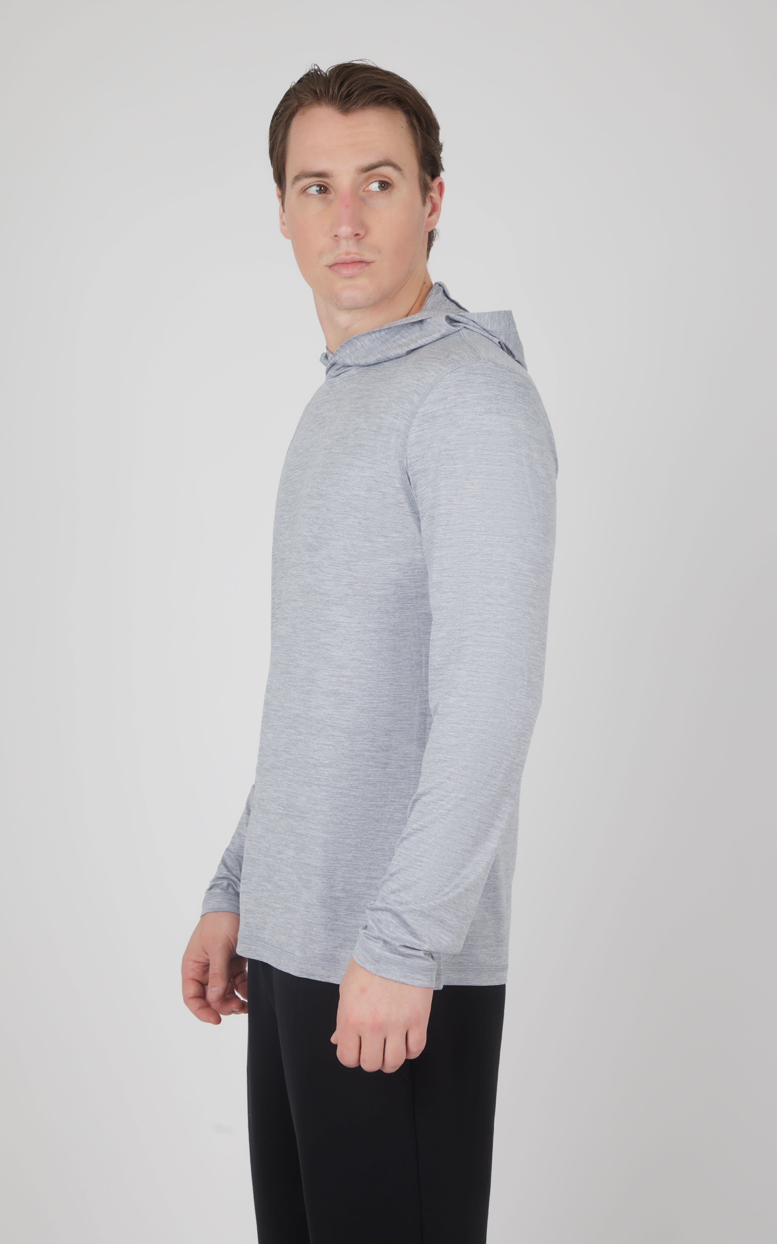 Men's long sleeve hooded shirt in light heather gray with a fitted silhouette.