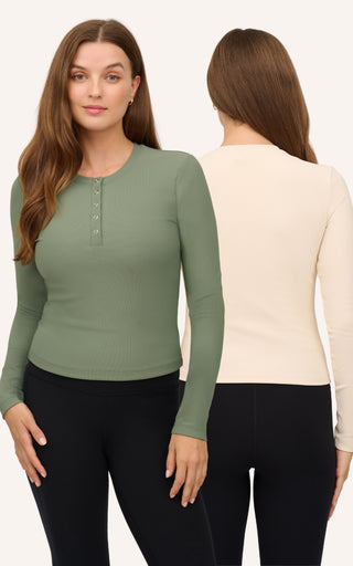 2 Pack Ribbed Henley & Ribbed Long Sleeve Crew Neck Top