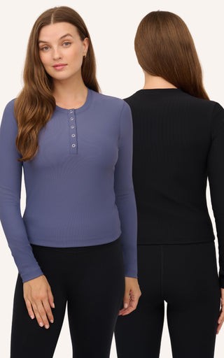 Ribbed Henley & Ribbed Long Sleeve Crew Neck Top -2 Pack