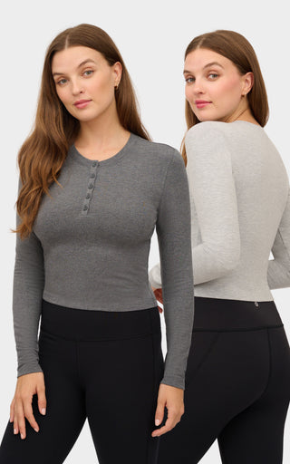 2 Pack Velvety Heather  Long Sleeve Henley Crop Top and Crewneck