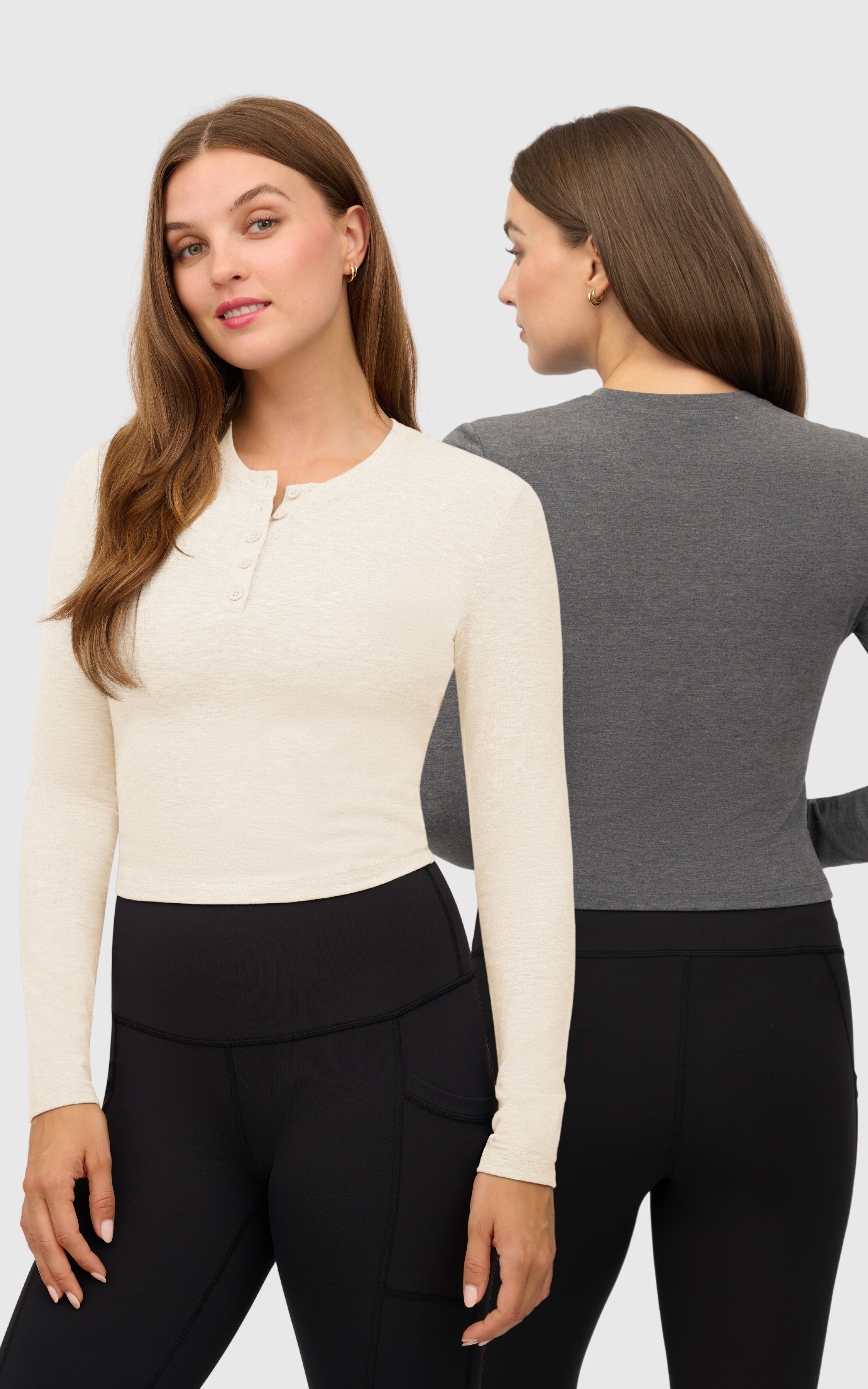 2 Pack Velvety Heather  Long Sleeve Henley Crop Top and Crewneck