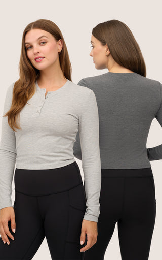 2 Pack Velvety Heather  Long Sleeve Henley Crop Top and Crewneck