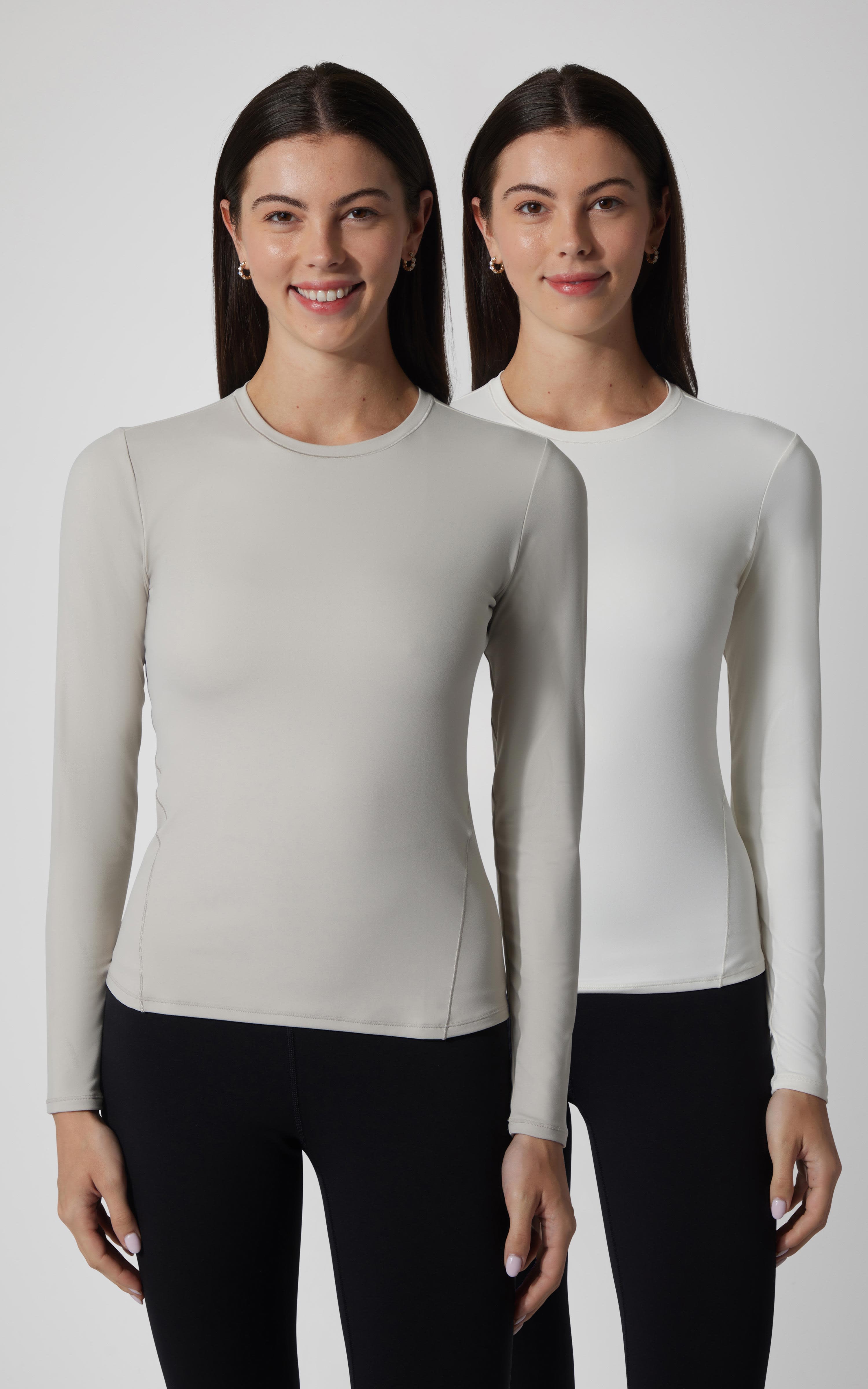 Two fitted long sleeve women's tops in light gray and off-white, crew neck, smooth fabric.