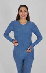 Heather blue horizon long sleeve maternity top with fitted silhouette and crew neckline.