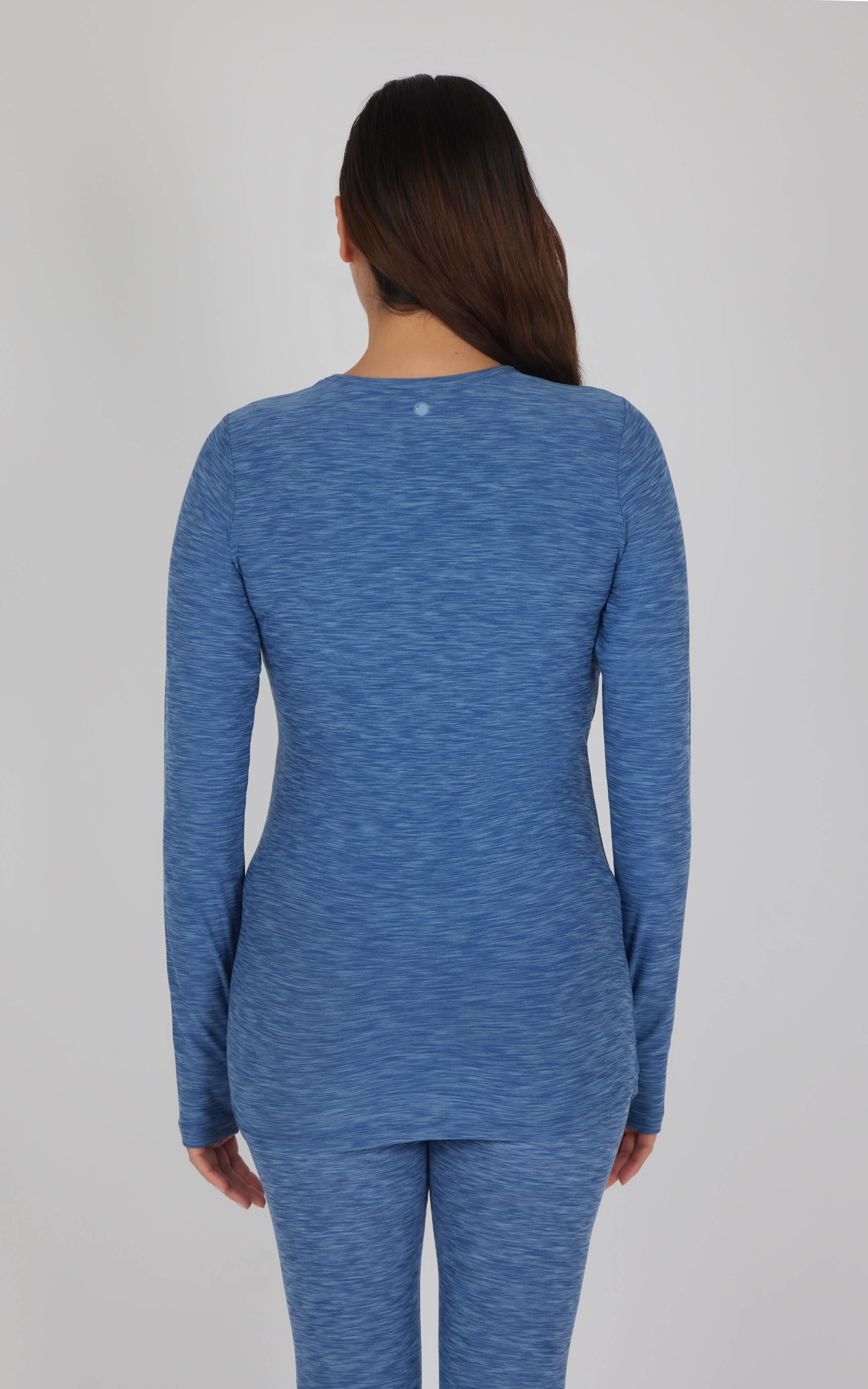 Heather blue horizon long sleeve maternity top with fitted silhouette and soft knit fabric.