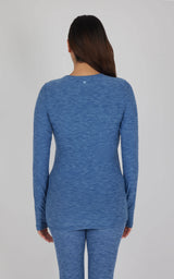 Heather blue horizon long sleeve maternity top with fitted silhouette and soft knit fabric.
