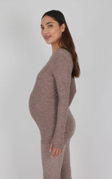 Heathered mocha long sleeve maternity top with fitted silhouette and crew neckline.