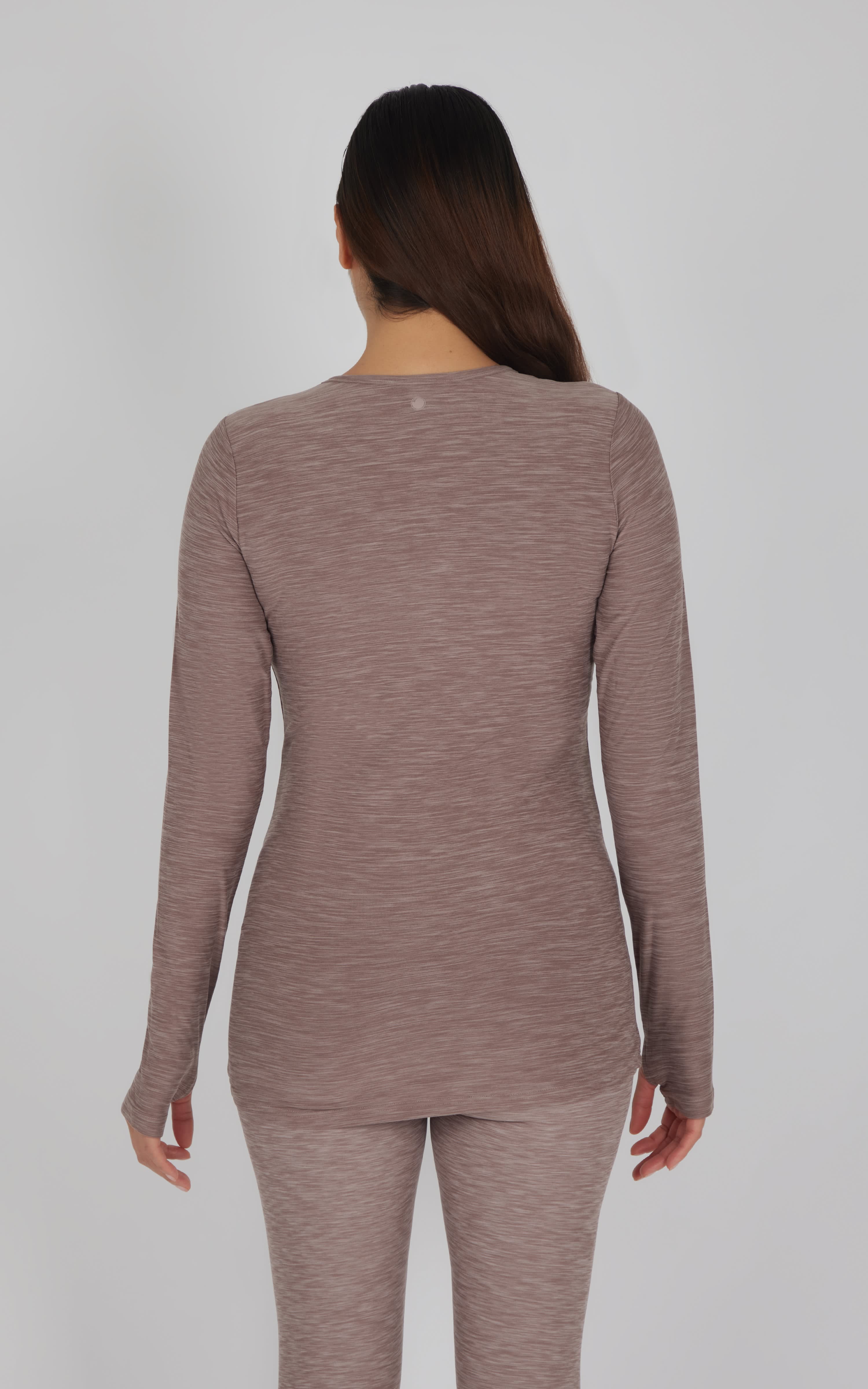 Heathered mocha long sleeve maternity top with a fitted silhouette and crew neckline.